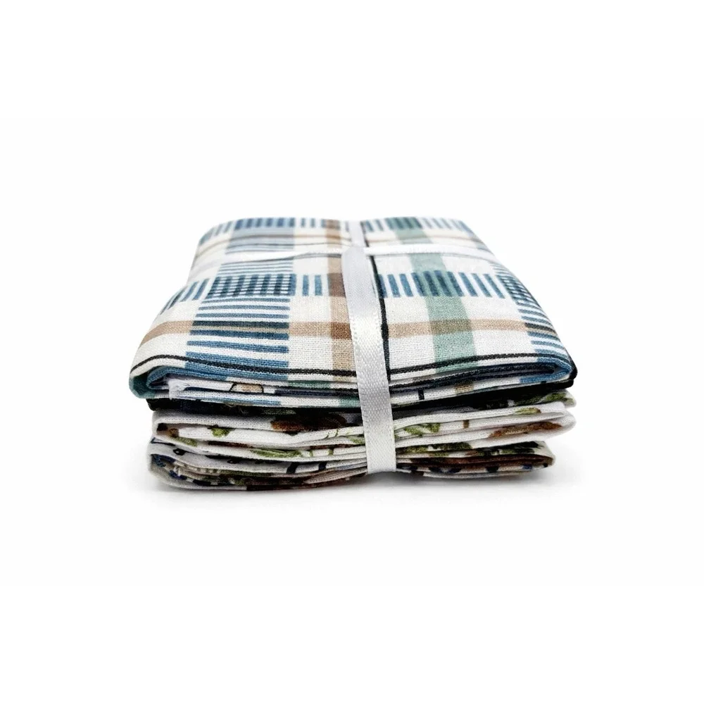 5 Pc Cotton Fabric Bundle Quilting Craft Sewing Floral Plaid Blue Green Set Lots